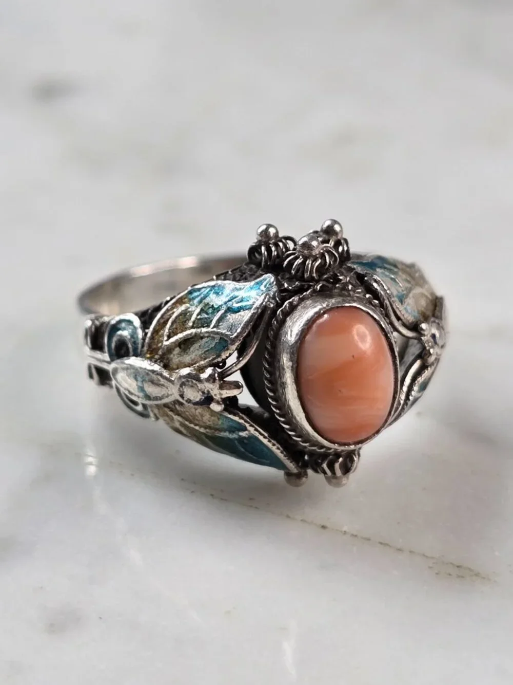 Womens Vintage Sterling Silver Southwest Coral Enamel Butterfly Ring 5.8g E635